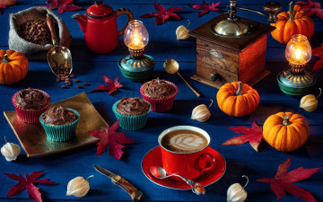 Картинка еда кофе +кофейные+зёрна кофемолка зерна кексы композиция осенняя