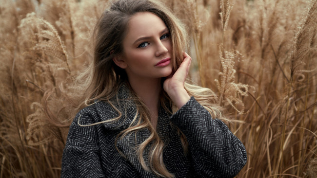 Обои картинки фото девушки, - блондинки,  светловолосые, трава, блондинка, пальто