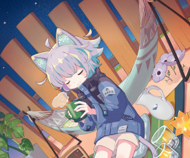 Картинка аниме животные +существа девушка