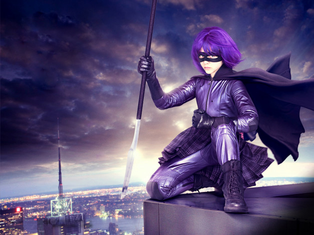 Обои картинки фото кино фильмы, kick-ass, девушка, плащ, копье, город