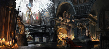 Картинка фэнтези ангелы ангел фон рыцарь меч слуги зал полет крылья