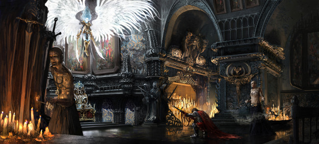 Обои картинки фото фэнтези, ангелы, ангел, фон, рыцарь, меч, слуги, зал, полет, крылья