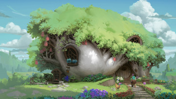 Картинка фэнтези иные+миры +иные+времена гном дом курица листва