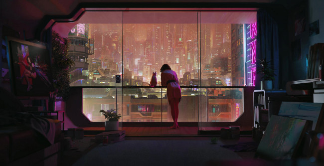 Обои картинки фото фэнтези, иные миры,  иные времена, tony, skeor, цифровое, искусство, художественные, работы, иллюстрации, женщины, кошки, животные, интерьер, в, помещении, город, городские, огни, окно, неоновая, вывеска, архитектура, длинные, волосы, темные, футуристический