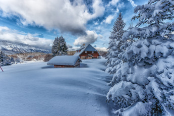 обоя города, - здания,  дома, зима, снег