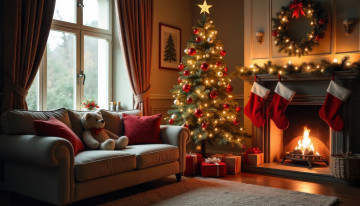 обоя праздничные, новогодний очаг, новогодняя