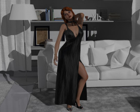 Картинка 3д+графика люди+ people полки светильник подушки диван комната девушка рыжая фон взгляд