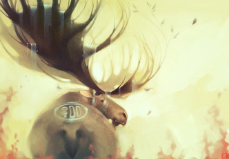 обоя gaudibuendia, рисованное, животные,  лоси, олень, животное, рога, вода, водопады