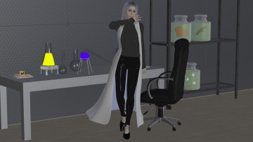 Картинка 3д+графика люди+ people взгляд стол стул девушка колбы фон