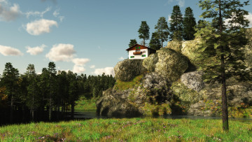 Картинка 3д+графика природа+ nature деревья скала река дом небо облака