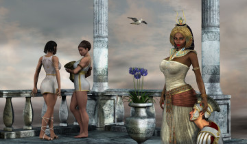 Картинка 3д+графика люди+ people девушки цветы воин чайка балкон взгляд фон