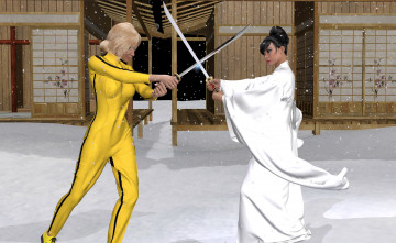 обоя 3д графика, люди , people, катана, сражение, фон, девушки, взгляд