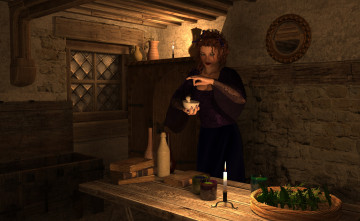 Картинка 3д+графика люди+ people зелье свечи стол взгляд девушка фон комната