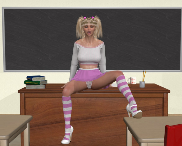 Обои картинки фото 3д графика, люди , people, блондинка, доска, трусики, стол, улыбка, взгляд, девушка, фон