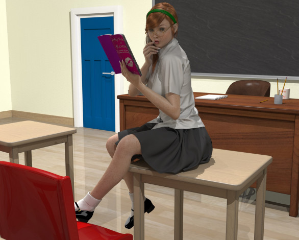 Обои картинки фото 3д графика, люди , people, девушка, взгляд, фон, книга, стол, стулья, доска