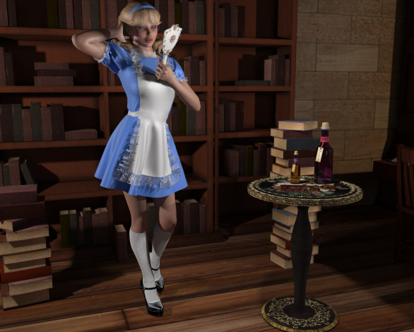 Обои картинки фото 3д графика, люди , people, девушка, взгляд, фон, зеркало, столик, книги