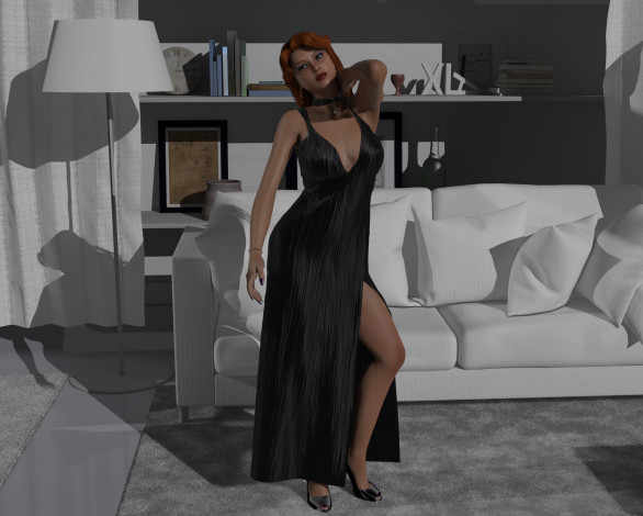 Обои картинки фото 3д графика, люди , people, полки, светильник, подушки, диван, комната, девушка, рыжая, фон, взгляд