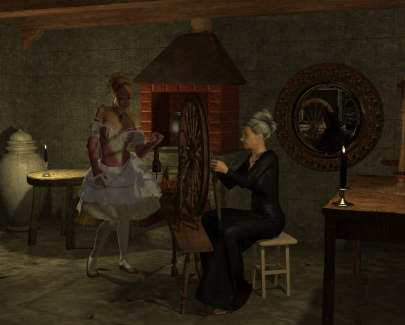 Обои картинки фото 3д графика, люди , people, старушка, фон, взгляд, девушка, веретено, свеча, комната