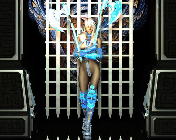 Обои картинки фото 3д графика, фантазия , fantasy, девушка, взгляд, фон, оружие