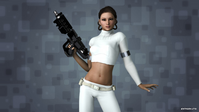 Обои картинки фото 3д графика, фантазия , fantasy, фон, девушка, взгляд, оружие