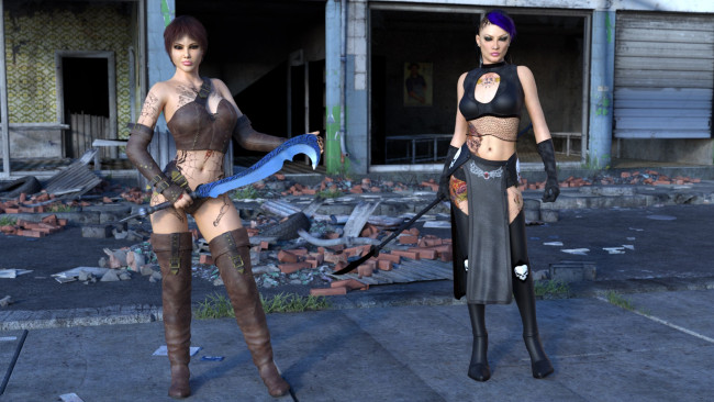 Обои картинки фото 3д графика, фантазия , fantasy, оружие, фон, взгляд, девушки