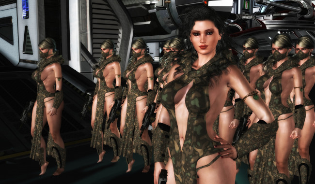 Обои картинки фото 3д графика, фантазия , fantasy, взгляд, девушки, оружие, фон