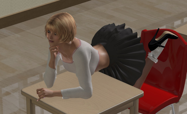 Обои картинки фото 3д графика, люди , people, фон, взгляд, юбка, стул, стол, девушка