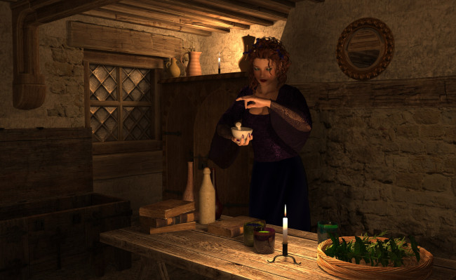 Обои картинки фото 3д графика, люди , people, зелье, свечи, стол, взгляд, девушка, фон, комната