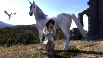 Картинка 3д+графика фантазия+ fantasy шар фон единорог девушка взгляд