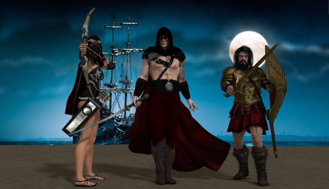 Обои картинки фото 3д графика, фантазия , fantasy, оружие, фон, девушка, взгляд, облака, парусник, море, луна, мужчины