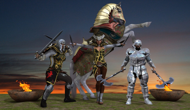 Обои картинки фото 3д графика, фантазия , fantasy, фон, оружие, мужчины, лошадь, взгляд, девушка