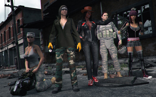 Обои картинки фото 3д графика, фантазия , fantasy, фон, взгляд, девушки, команда, оружие