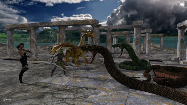 Обои картинки фото 3д графика, фантазия , fantasy, змеи, фон, девушки, взгляд