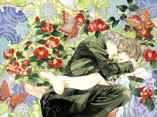 Обои картинки фото аниме, unknown,  другое , парни, цветы, бабочки
