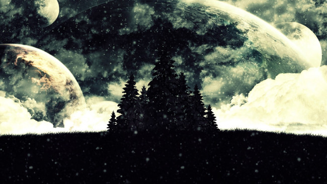 Обои картинки фото разное, компьютерный дизайн, планеты, елки, мрак