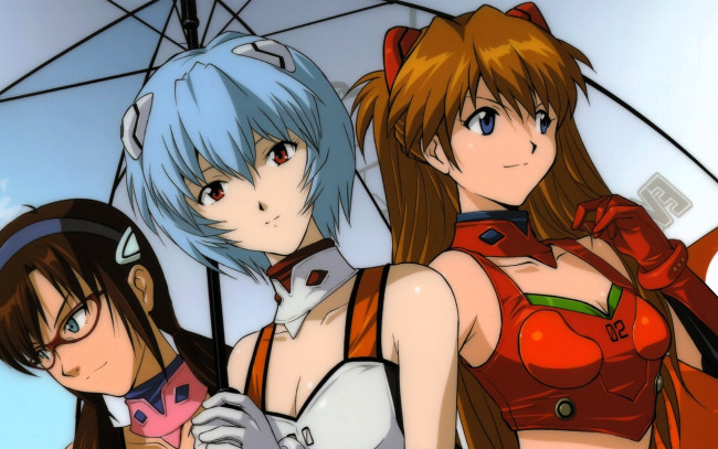 Обои картинки фото аниме, evangelion, девочки, зонт