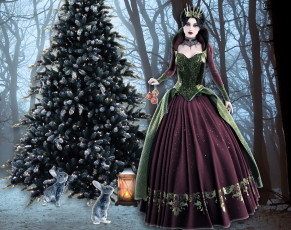 Картинка 3д+графика люди+ people ёлка лес зайцы фонарь принцесса