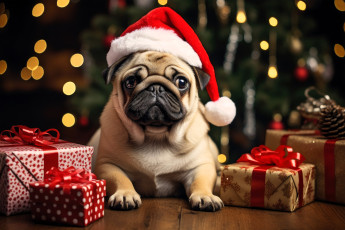 Картинка 3д+графика праздники+ holidays собака мопс шапка подарки новый год блики шишка