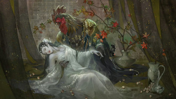 обоя фэнтези, красавицы и чудовища, азия, китай, девушка, петух, смерть
