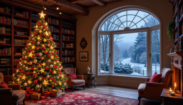 Картинка автор+wp+stl 3д+графика праздники+ holidays кабинет книги свечи окно елка подарки