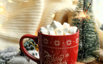 обоя праздничные, угощения, чашка, бенгальский, огонь, зефир, ёлочка, новый, год