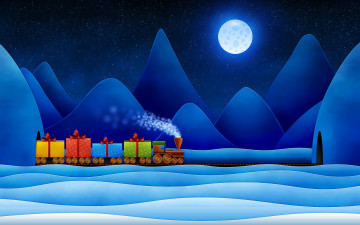 обоя рисованное, vladstudio, горы, луна, снег, звезды, паровозик, подарки