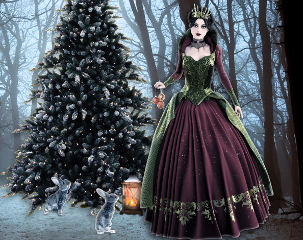 Обои картинки фото 3д графика, люди , people, ёлка, лес, зайцы, фонарь, принцесса