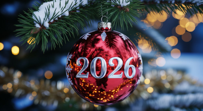 Обои картинки фото праздник, праздничные, шары, зима, снег, арт, игрушка, на, елке, 2026, новый, год