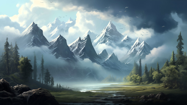 Обои картинки фото рисованное, природа, тучи, птицы, горы, лес, река, камни