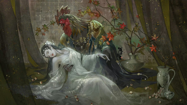 Обои картинки фото фэнтези, красавицы и чудовища, азия, китай, девушка, петух, смерть