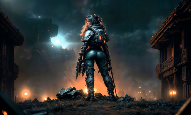 Обои картинки фото 3д графика, фантазия , fantasy, девушка, оружие, развалины, тучи