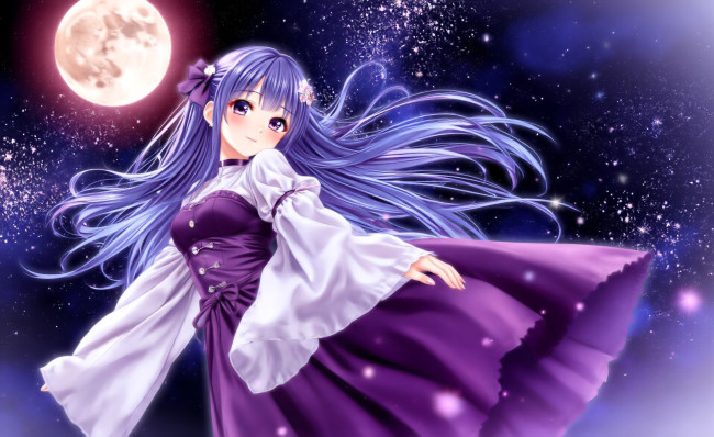 Обои картинки фото аниме, unknown,  другое , девушка, платье, звезды, луна