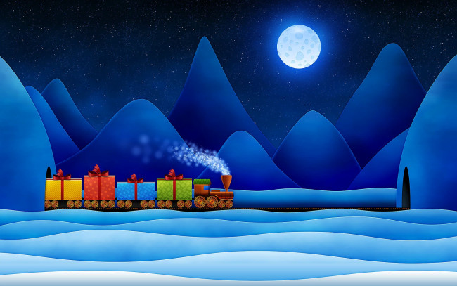 Обои картинки фото рисованное, vladstudio, горы, луна, снег, звезды, паровозик, подарки