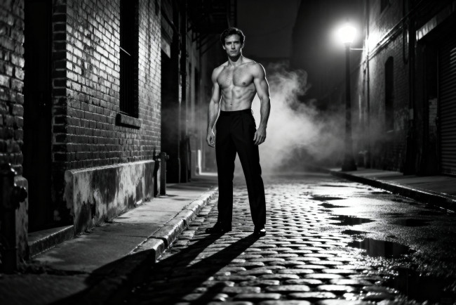 Обои картинки фото 3д графика, люди , people, мужчина, торс, брюки, город, улица, дома